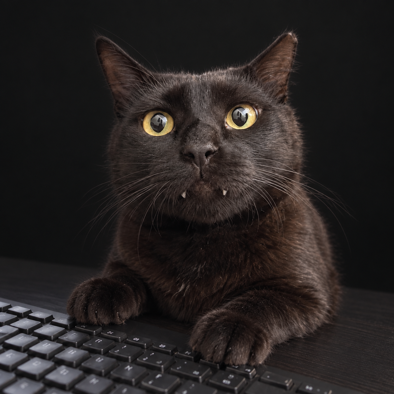 A photorealistic AI-created image inspired by my black cat: enormous golden eyes, tiny fangs, and paws planted on a keyboard.